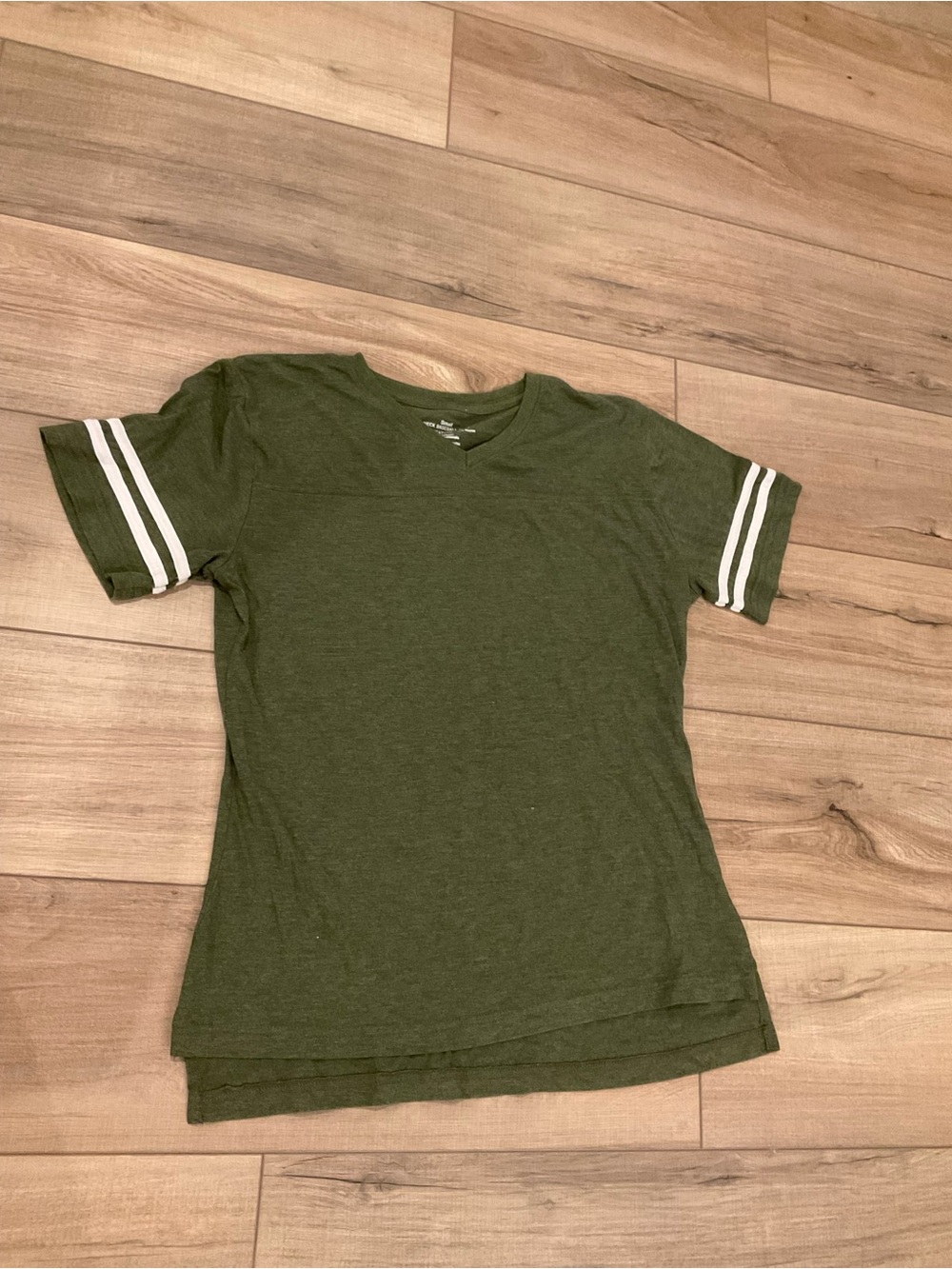 Olive Green V-Neck Tee with White Sleeve Stripes